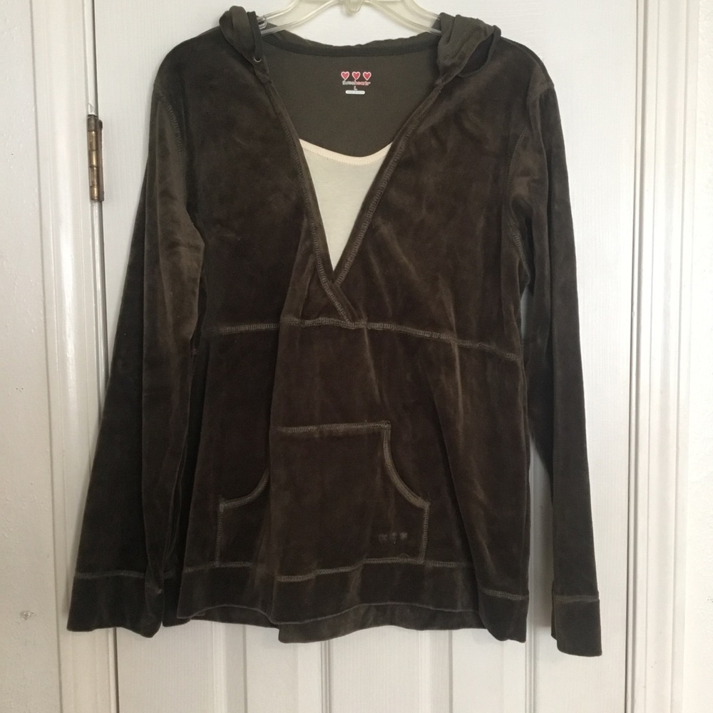 Vintage Three Hearts Brown Velour Hoodie with Heart Detail
